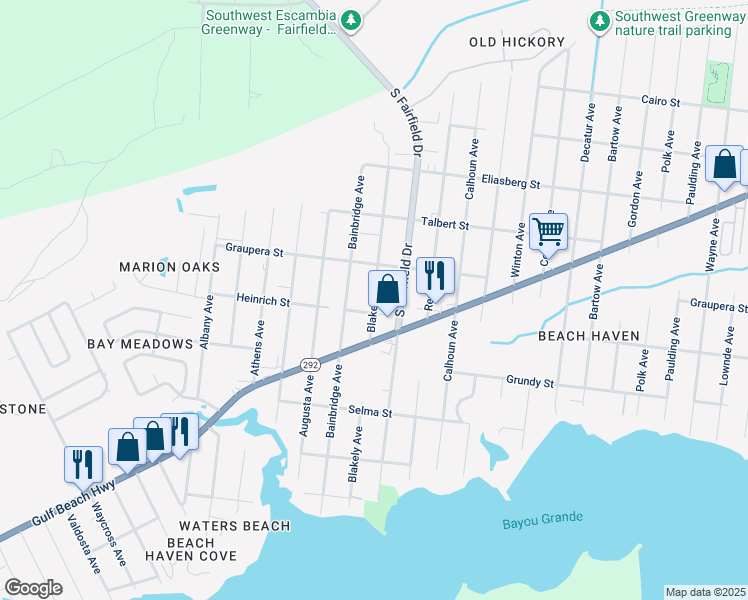 map of restaurants, bars, coffee shops, grocery stores, and more near 1720 Blakely Avenue in Pensacola