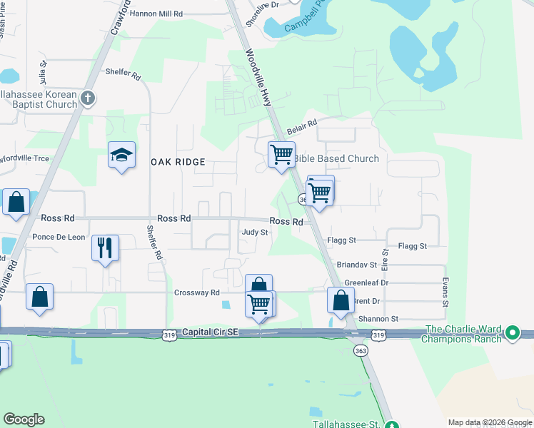 map of restaurants, bars, coffee shops, grocery stores, and more near 4117 Kreisch Way in Tallahassee
