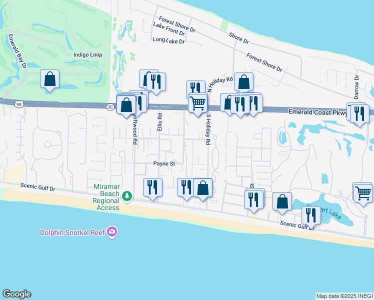 map of restaurants, bars, coffee shops, grocery stores, and more near 32 Ciboney Street in Miramar Beach