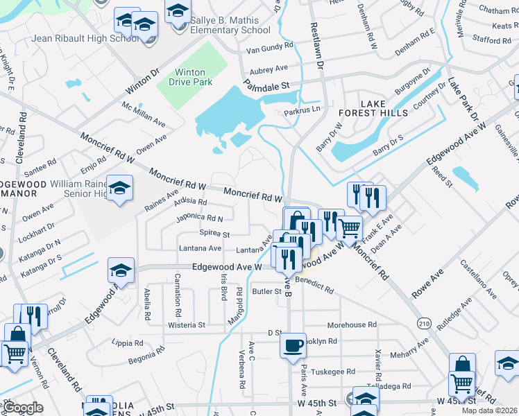 map of restaurants, bars, coffee shops, grocery stores, and more near 3048 Moncrief Road West in Jacksonville