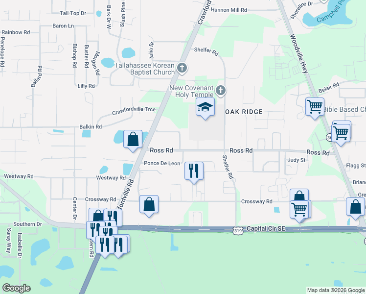 map of restaurants, bars, coffee shops, grocery stores, and more near 4517 Granada Boulevard in Tallahassee
