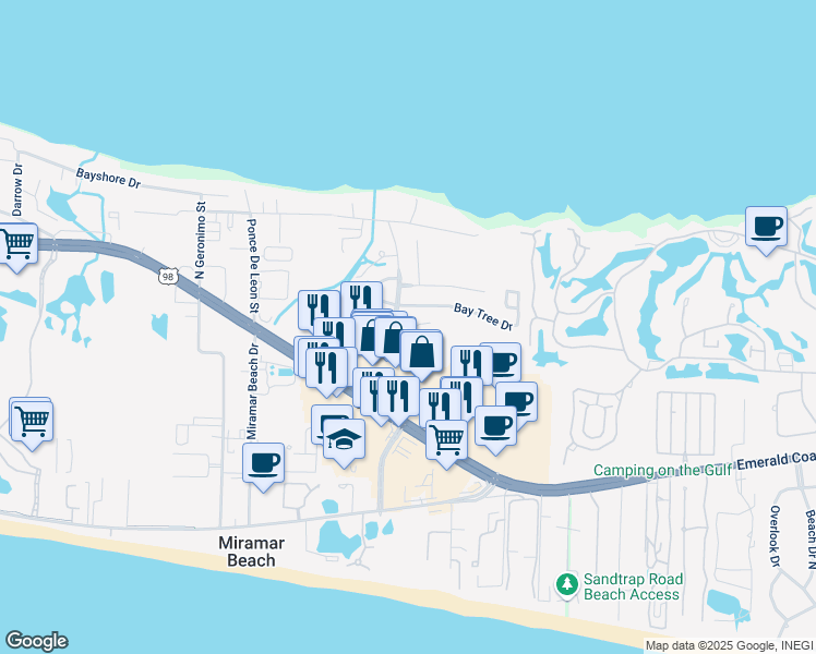 map of restaurants, bars, coffee shops, grocery stores, and more near 50 Bay Tree Drive in Destin