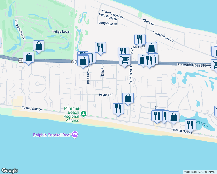 map of restaurants, bars, coffee shops, grocery stores, and more near 106 Misty Cove in Miramar Beach