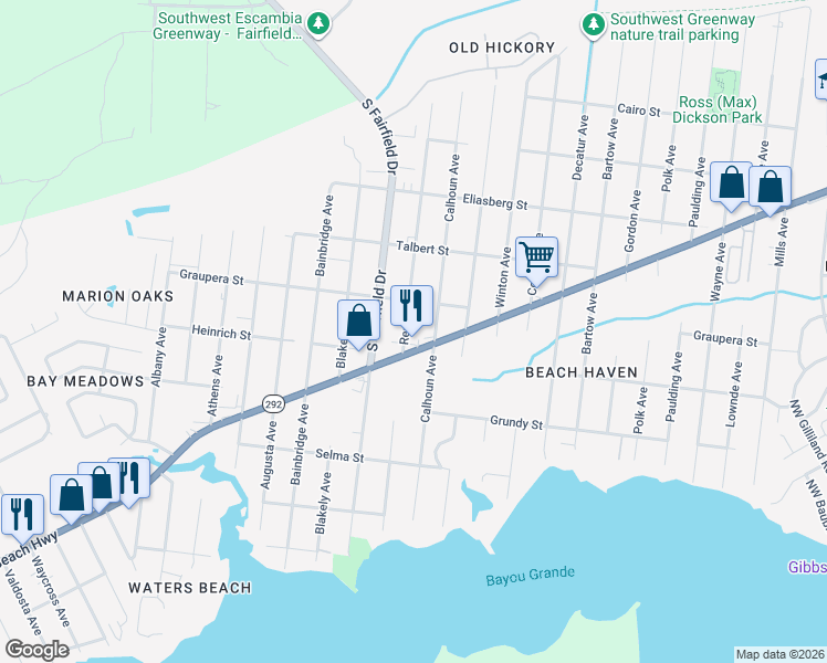map of restaurants, bars, coffee shops, grocery stores, and more near 625 Rentz Avenue in Pensacola
