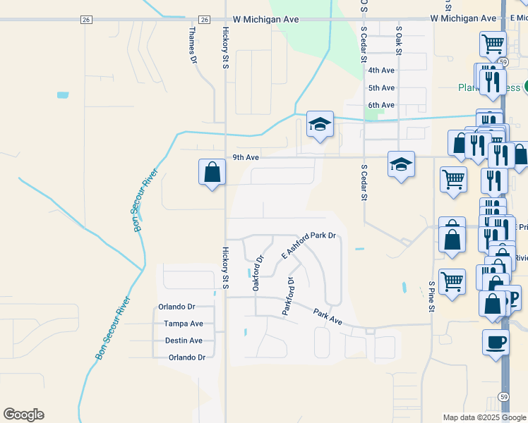 map of restaurants, bars, coffee shops, grocery stores, and more near Washford Park Drive in Foley