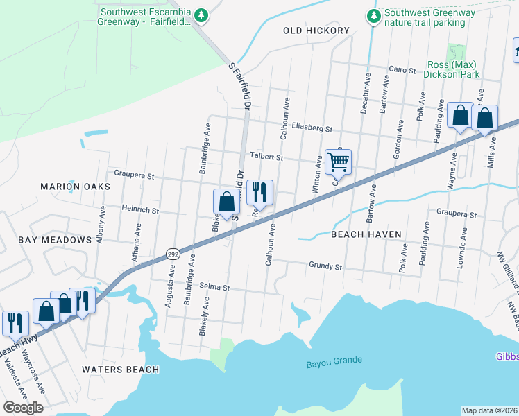 map of restaurants, bars, coffee shops, grocery stores, and more near 625 Rentz Avenue in Pensacola