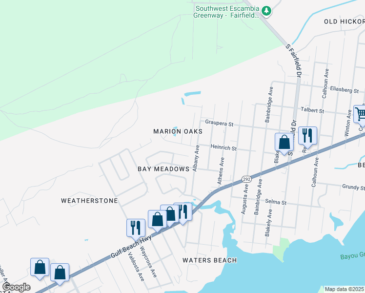 map of restaurants, bars, coffee shops, grocery stores, and more near 3317 Marion Oaks Way in Pensacola