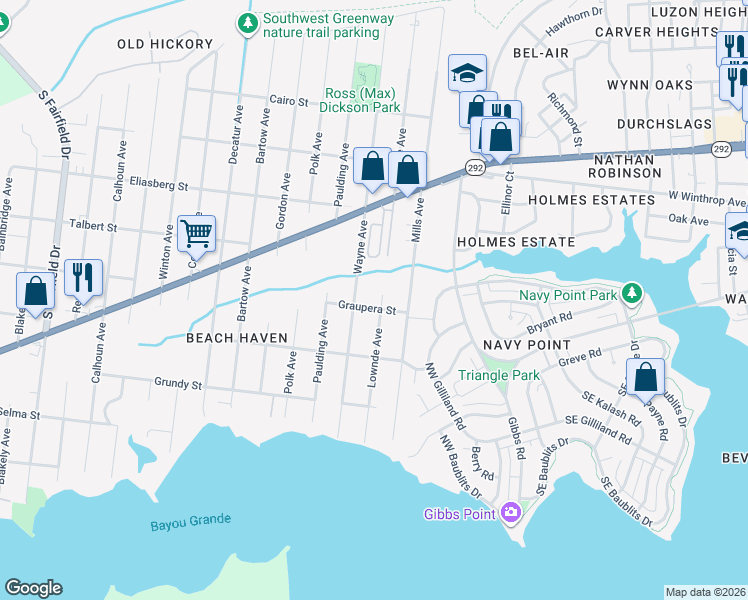 map of restaurants, bars, coffee shops, grocery stores, and more near 731 Lownde Avenue in Pensacola