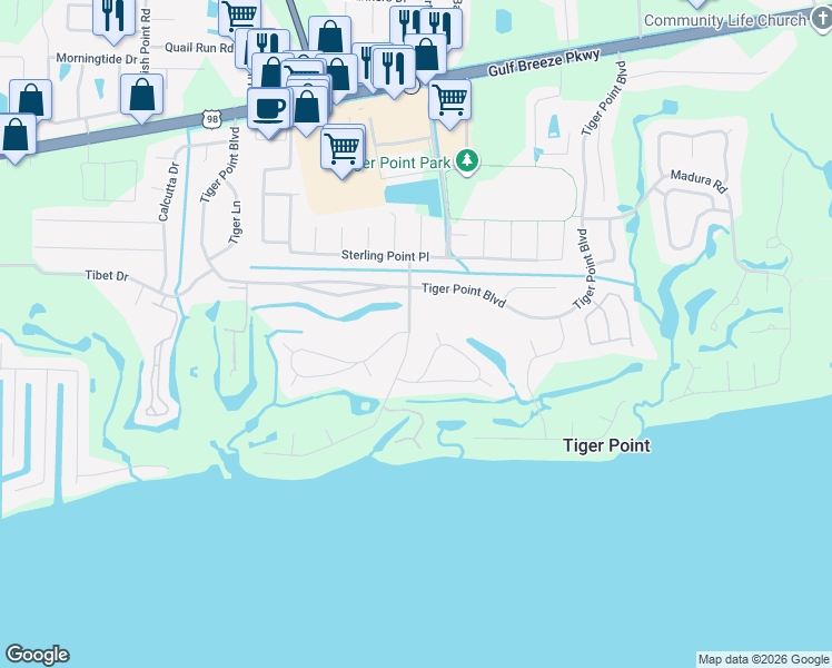 map of restaurants, bars, coffee shops, grocery stores, and more near 1342 Ceylon Drive in Gulf Breeze