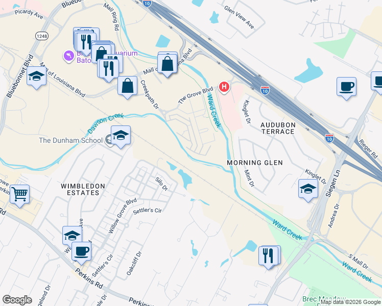 map of restaurants, bars, coffee shops, grocery stores, and more near 9714 Mint Dr in Baton Rouge