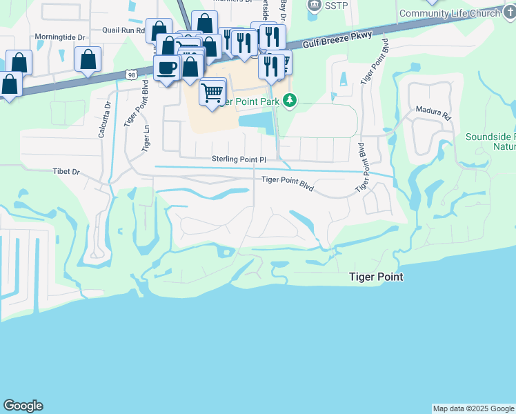 map of restaurants, bars, coffee shops, grocery stores, and more near 1342 Ceylon Drive in Gulf Breeze