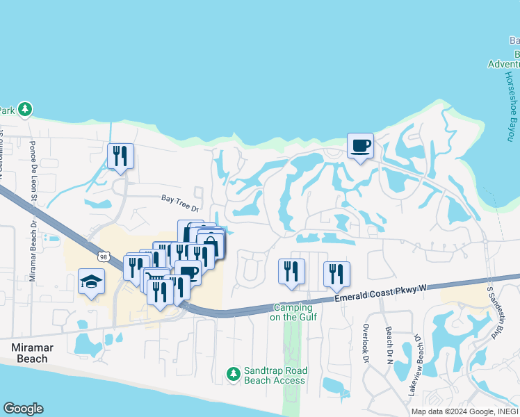 map of restaurants, bars, coffee shops, grocery stores, and more near 203 Sandestin Boulevard West in Miramar Beach