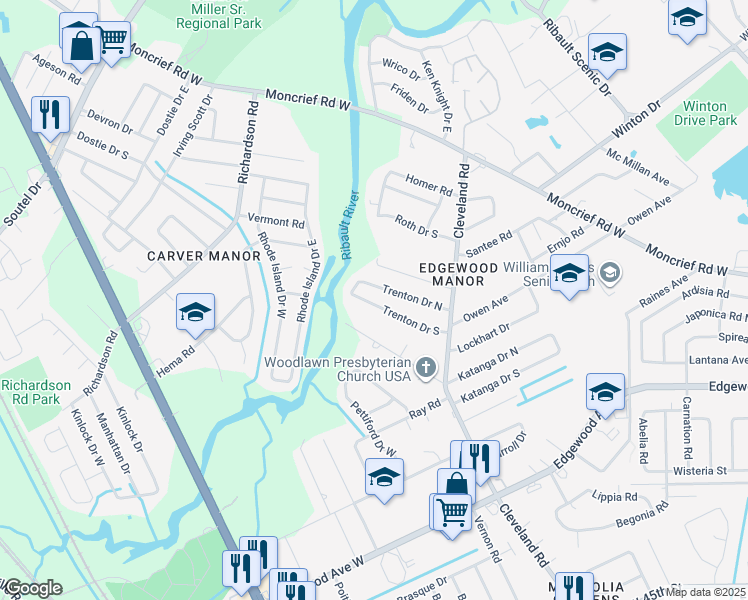map of restaurants, bars, coffee shops, grocery stores, and more near 4523 Trenton Drive South in Jacksonville