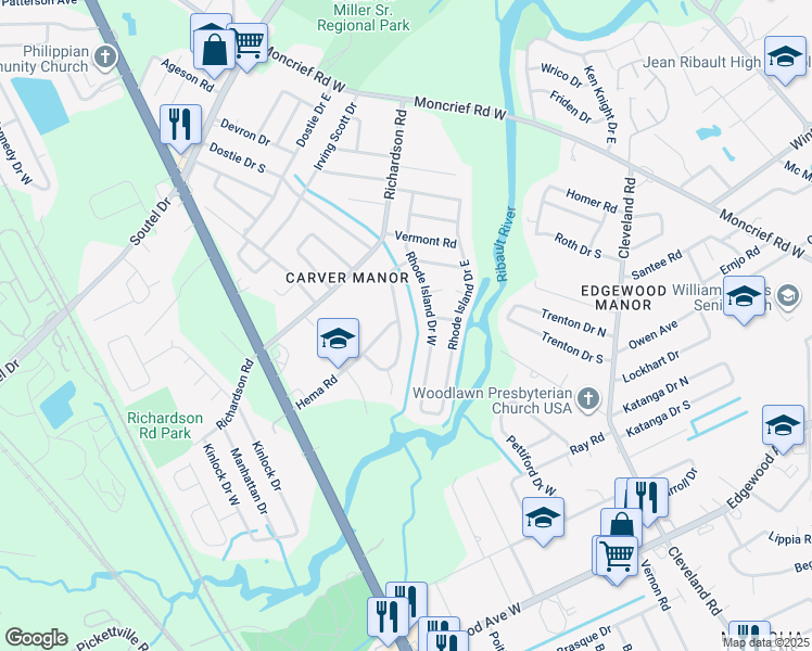 map of restaurants, bars, coffee shops, grocery stores, and more near 6889 West Virginia Avenue in Jacksonville