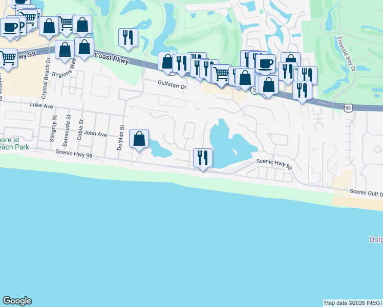 map of restaurants, bars, coffee shops, grocery stores, and more near 65 Vista Bluffs in Destin