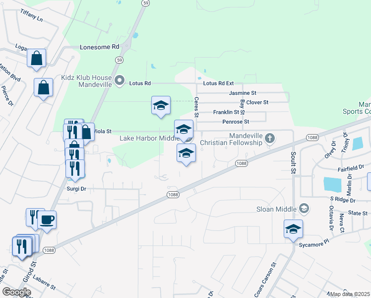 map of restaurants, bars, coffee shops, grocery stores, and more near 1700 Viola Street in Mandeville