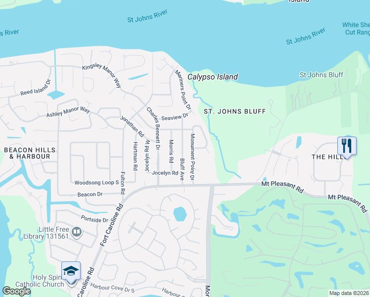 map of restaurants, bars, coffee shops, grocery stores, and more near 4626 Bluff Avenue in Jacksonville