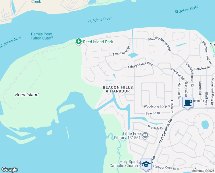 map of restaurants, bars, coffee shops, grocery stores, and more near 4611 Harbour North Court in Jacksonville