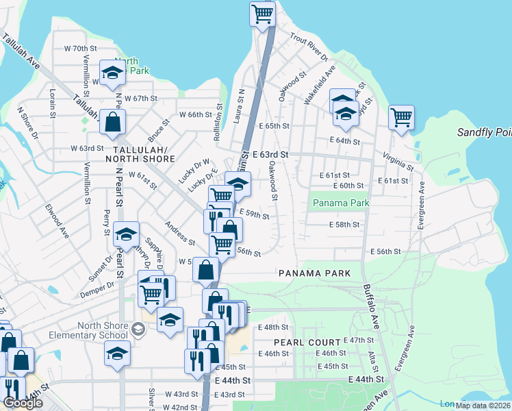 map of restaurants, bars, coffee shops, grocery stores, and more near 6946 Oakwood Street in Jacksonville