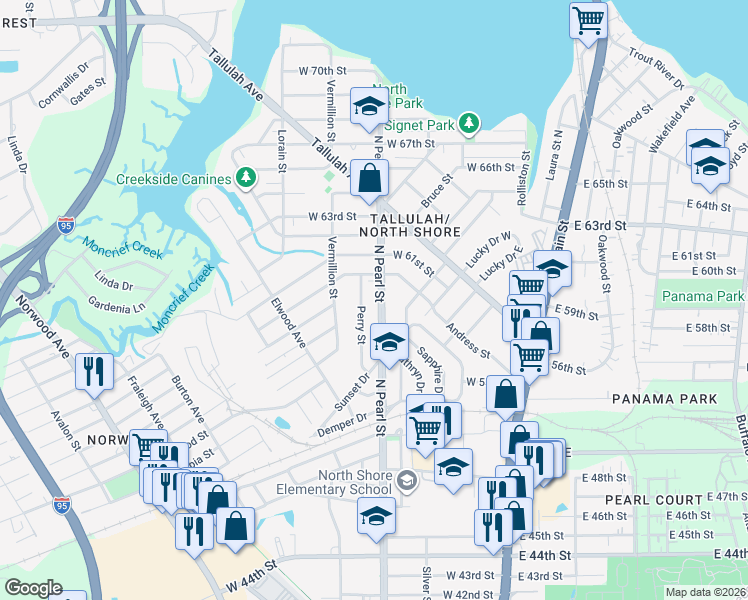map of restaurants, bars, coffee shops, grocery stores, and more near 6908 North Pearl Street in Jacksonville