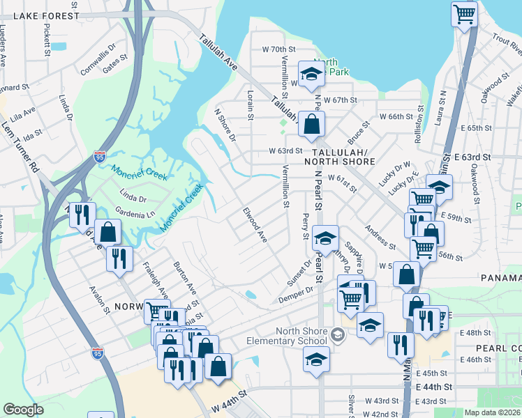 map of restaurants, bars, coffee shops, grocery stores, and more near 439 West 60th Street in Jacksonville