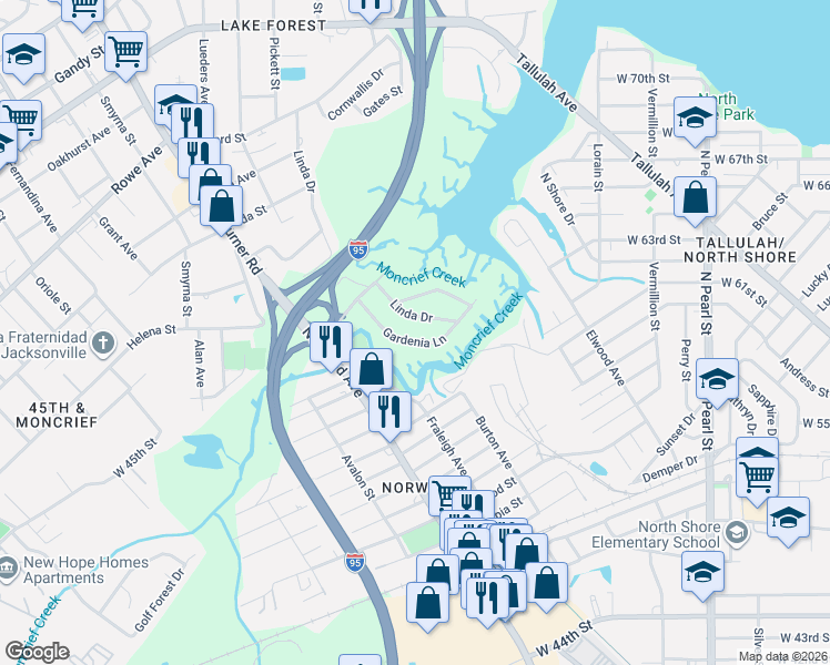 map of restaurants, bars, coffee shops, grocery stores, and more near 740 Linda Drive in Jacksonville