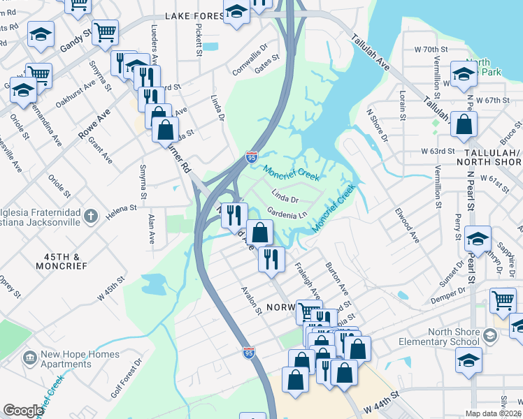 map of restaurants, bars, coffee shops, grocery stores, and more near 815 Gardenia Lane in Jacksonville
