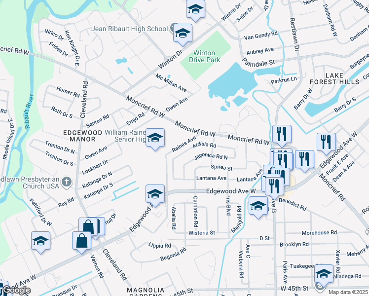 map of restaurants, bars, coffee shops, grocery stores, and more near 3527 Ardisia Road West in Jacksonville