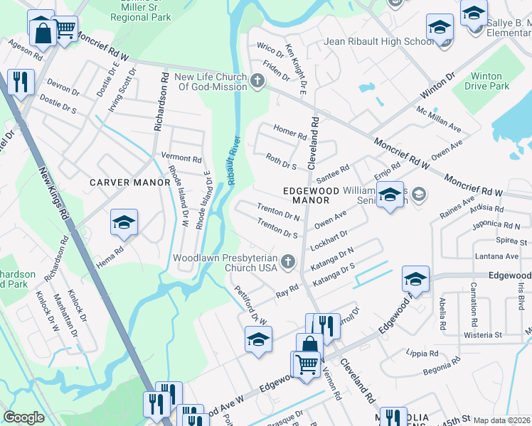map of restaurants, bars, coffee shops, grocery stores, and more near 4451 Trenton Drive North in Jacksonville