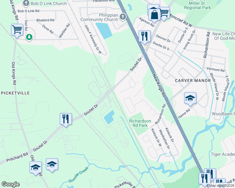 map of restaurants, bars, coffee shops, grocery stores, and more near 5855 Carver Pines Court in Jacksonville