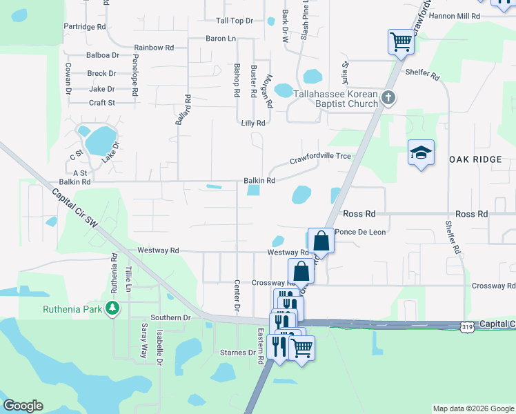 map of restaurants, bars, coffee shops, grocery stores, and more near 1204 Athens Court in Tallahassee