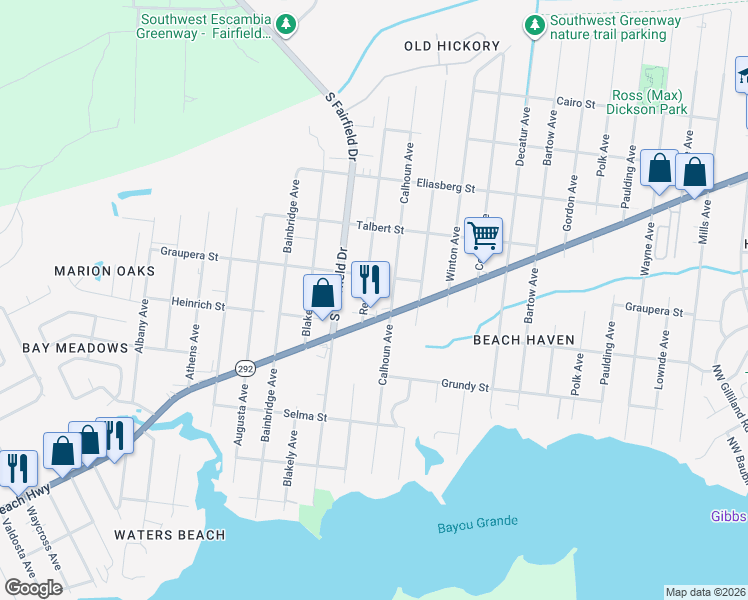 map of restaurants, bars, coffee shops, grocery stores, and more near 625 Rentz Avenue in Pensacola