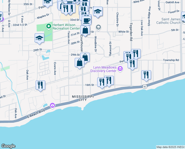map of restaurants, bars, coffee shops, grocery stores, and more near 302 Courthouse Road in Gulfport