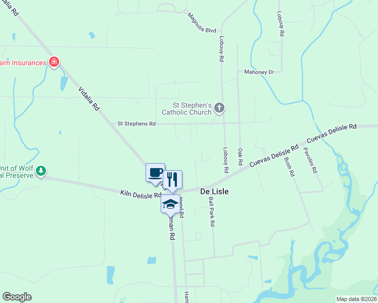 map of restaurants, bars, coffee shops, grocery stores, and more near 25300 Cuevas Delisle Road in Pass Christian