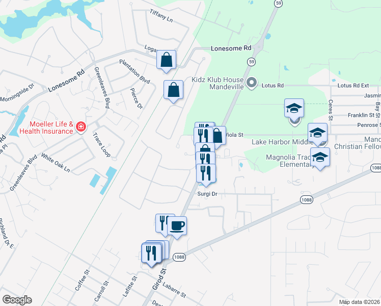map of restaurants, bars, coffee shops, grocery stores, and more near 116 Mirabeau Place in Mandeville