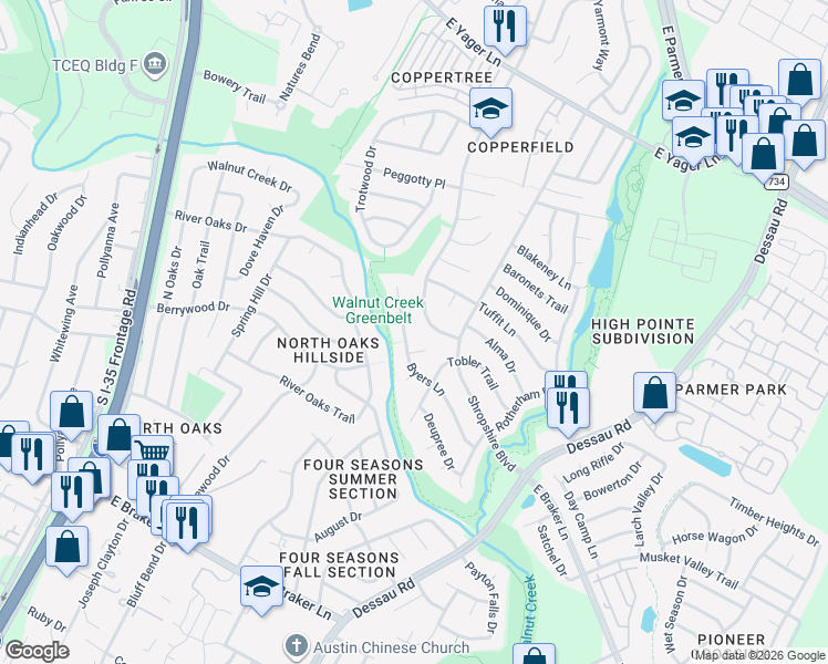map of restaurants, bars, coffee shops, grocery stores, and more near 1107 Byers Lane in Austin