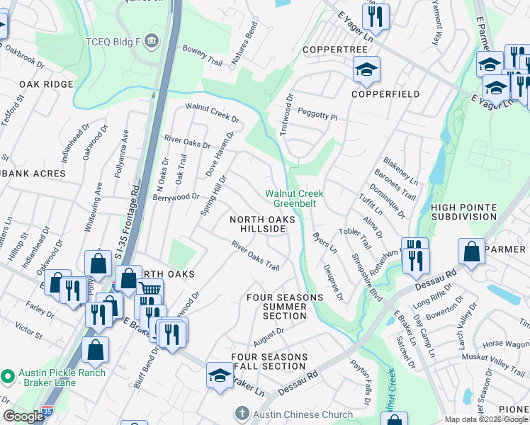 map of restaurants, bars, coffee shops, grocery stores, and more near 1001 Fall Creek Drive in Austin