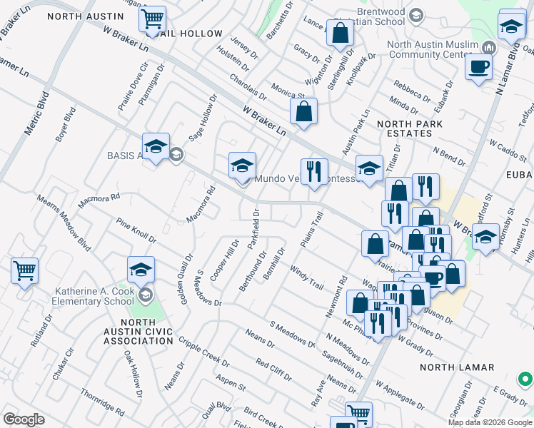 map of restaurants, bars, coffee shops, grocery stores, and more near 10902 Parkfield Drive in Austin