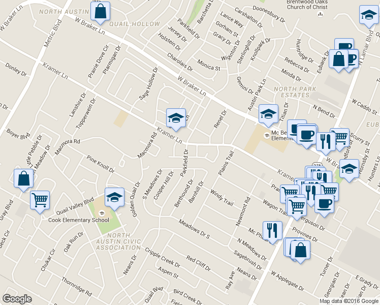 map of restaurants, bars, coffee shops, grocery stores, and more near 10902 Parkfield Drive in Austin