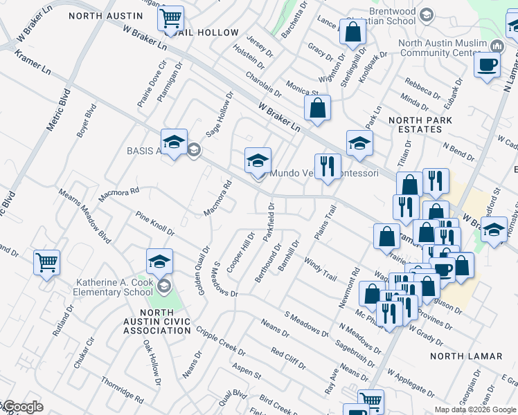 map of restaurants, bars, coffee shops, grocery stores, and more near 10902 Parkfield Drive in Austin