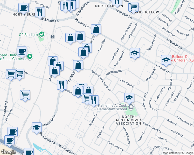 map of restaurants, bars, coffee shops, grocery stores, and more near 1810 Mearns Meadow Boulevard in Austin