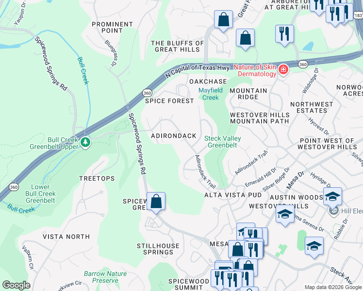map of restaurants, bars, coffee shops, grocery stores, and more near 8502 Andes Cove in Austin