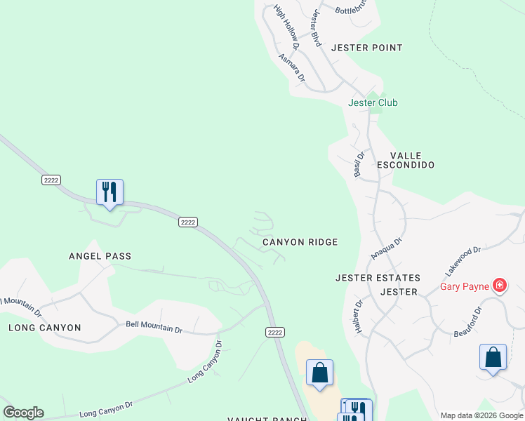 map of restaurants, bars, coffee shops, grocery stores, and more near 8110 Ranch Road 2222 in Austin