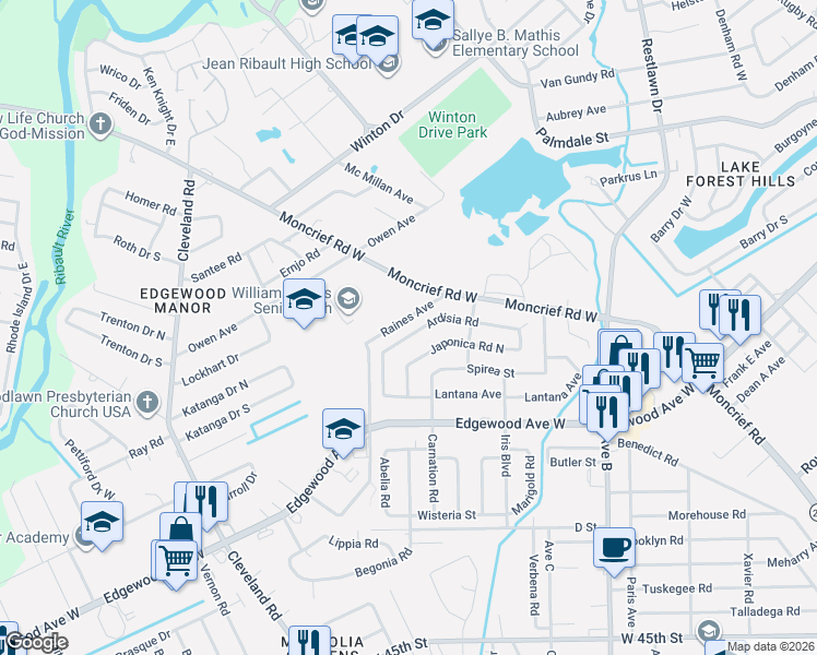 map of restaurants, bars, coffee shops, grocery stores, and more near 3527 Ardisia Road West in Jacksonville