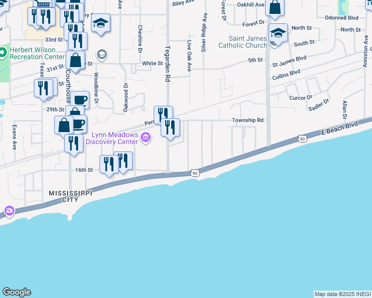 map of restaurants, bars, coffee shops, grocery stores, and more near 165 Markham Drive in Gulfport