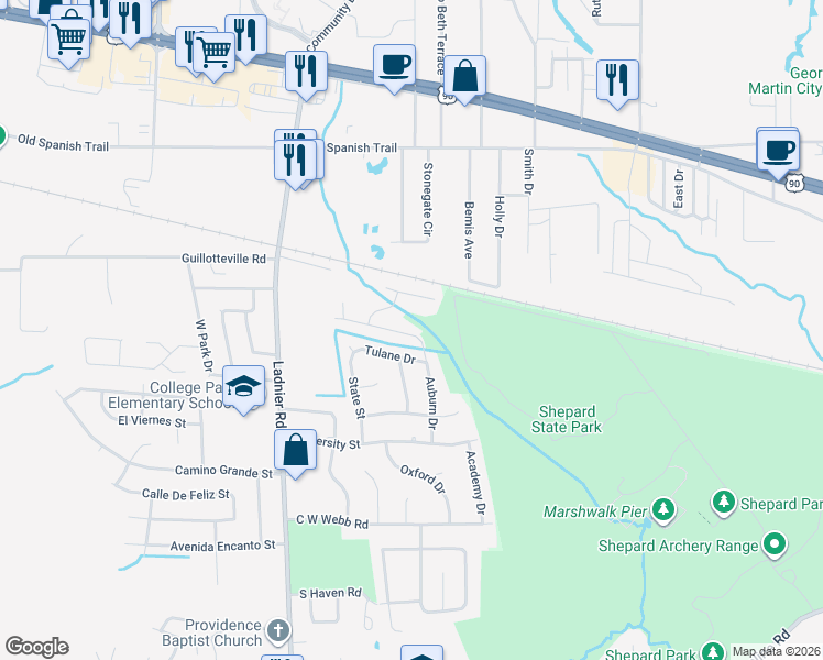 map of restaurants, bars, coffee shops, grocery stores, and more near 1824 Pamela Drive in Gautier