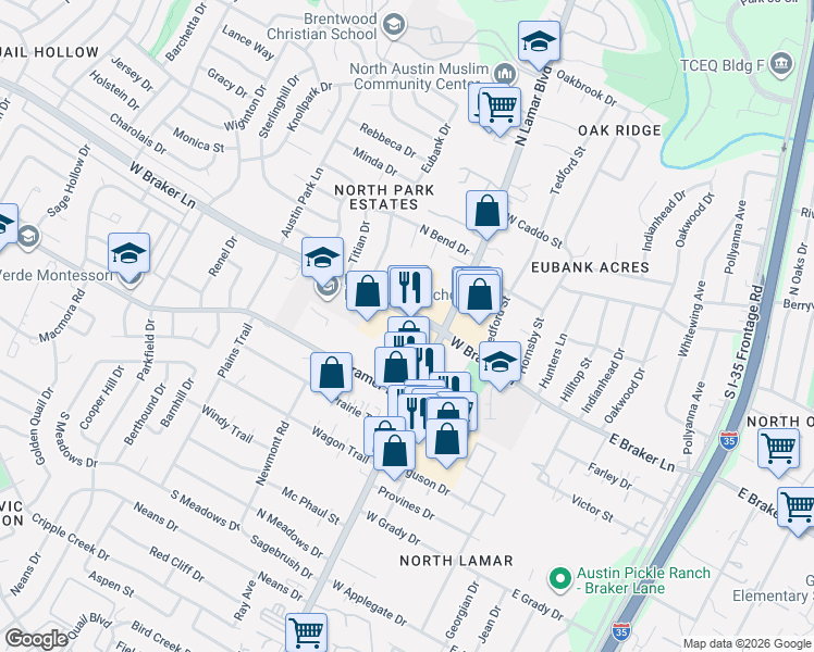 map of restaurants, bars, coffee shops, grocery stores, and more near 11220 North Lamar Boulevard in Austin