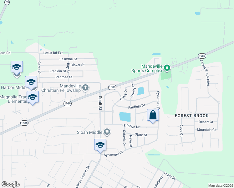 map of restaurants, bars, coffee shops, grocery stores, and more near 2065 West Ridge Drive in Mandeville