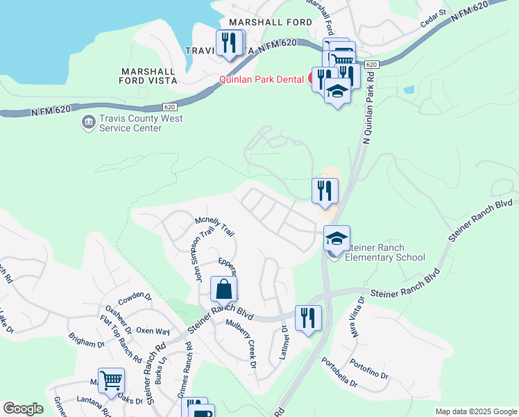 map of restaurants, bars, coffee shops, grocery stores, and more near 4128 Gazley Lane in Austin