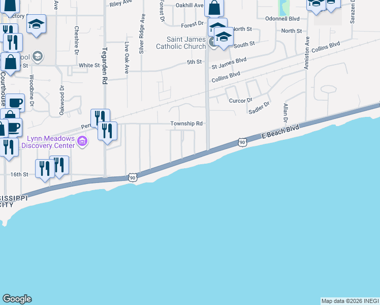 map of restaurants, bars, coffee shops, grocery stores, and more near 1200 Beach Drive in Gulfport